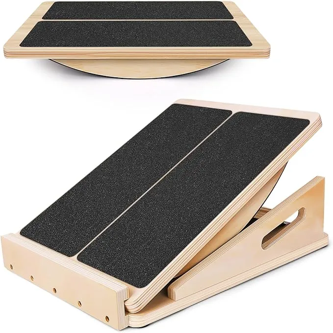 2-in-1 Professional Wooden Slant Board & Balance Board, Adjustable Incline Board