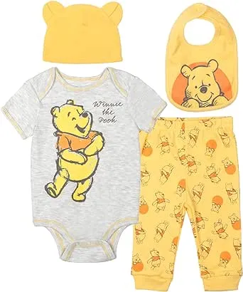 Disney Winnie the Pooh Baby Bodysuit Pants Bib and Hat 4 Piece Outfit Set Newborn to Infant