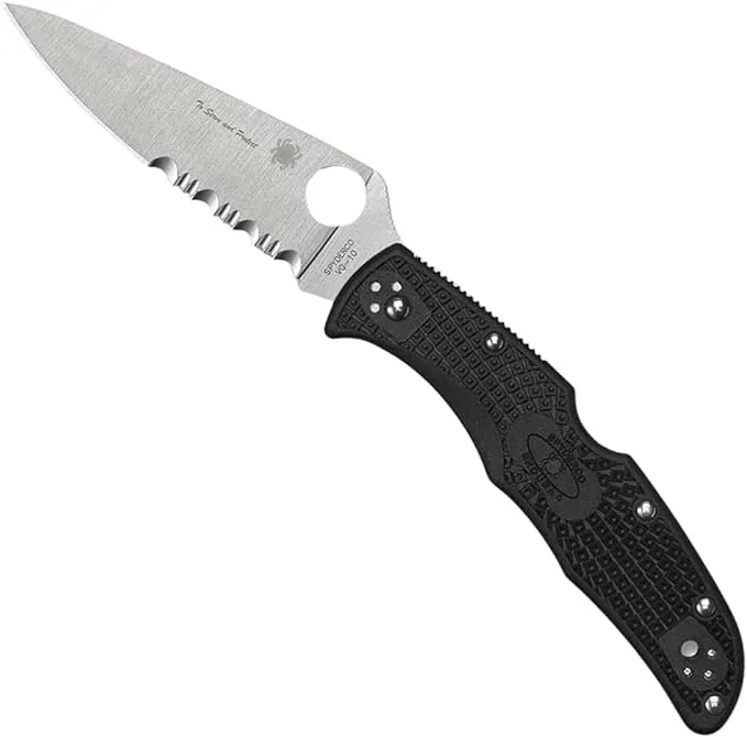 Spyderco Endura 4 Lightweight Knife with Flat Ground Steel Blade and Tunnel to Towers Black FRN Handle - CombinationEdge - C10FPSBKBL