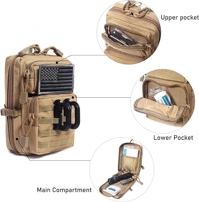 Tactical Molle Pouch Compact EDC Tool Pouch Bag Mini Utility Pouch with US Flag Patch, Shoulder Strap & Two D-Rings