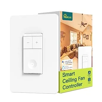 TREATLIFE Smart Ceiling Fan Control, 4 Speed Fan Switch for Ceiling Fan, Neutral Wire Required, 2.4GHz WiFi Smart Fan Switch Works with Alexa, Google Home, Remote Control, Schedule, No Hub Required