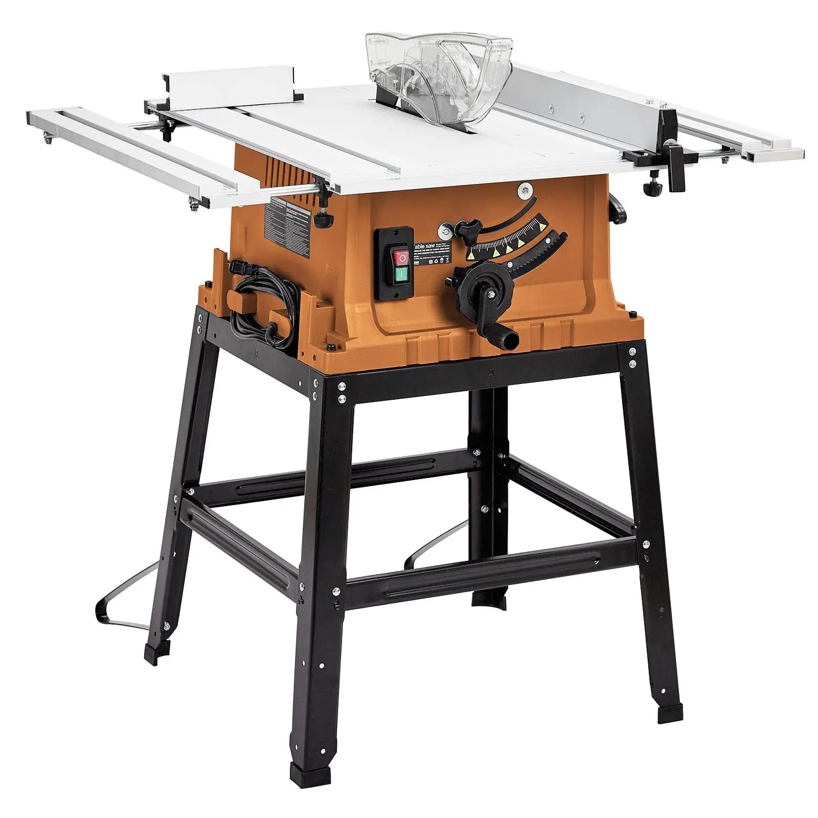 Table Saw, 10 Inch 15A Multifunctional Saw with Stand & Push Stick for Jobside, 90° Cross Cut & 0-45° Bevel Cut, Cutting Speed Up to 5000RPM, Adjustable Blade Height, for Woodworking,Orange