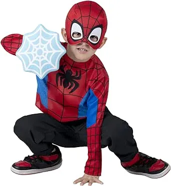 Marvel Spidey Toddler Dress-Up Box - Long-Sleeved Top with Printed Design Plus Fabric Half Mask and Foam Web Shield Multi