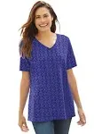 Woman Within Women's Plus Size Perfect Printed Short-Sleeve V-Neck Tee - M, Ultra Blue Tonal Geo