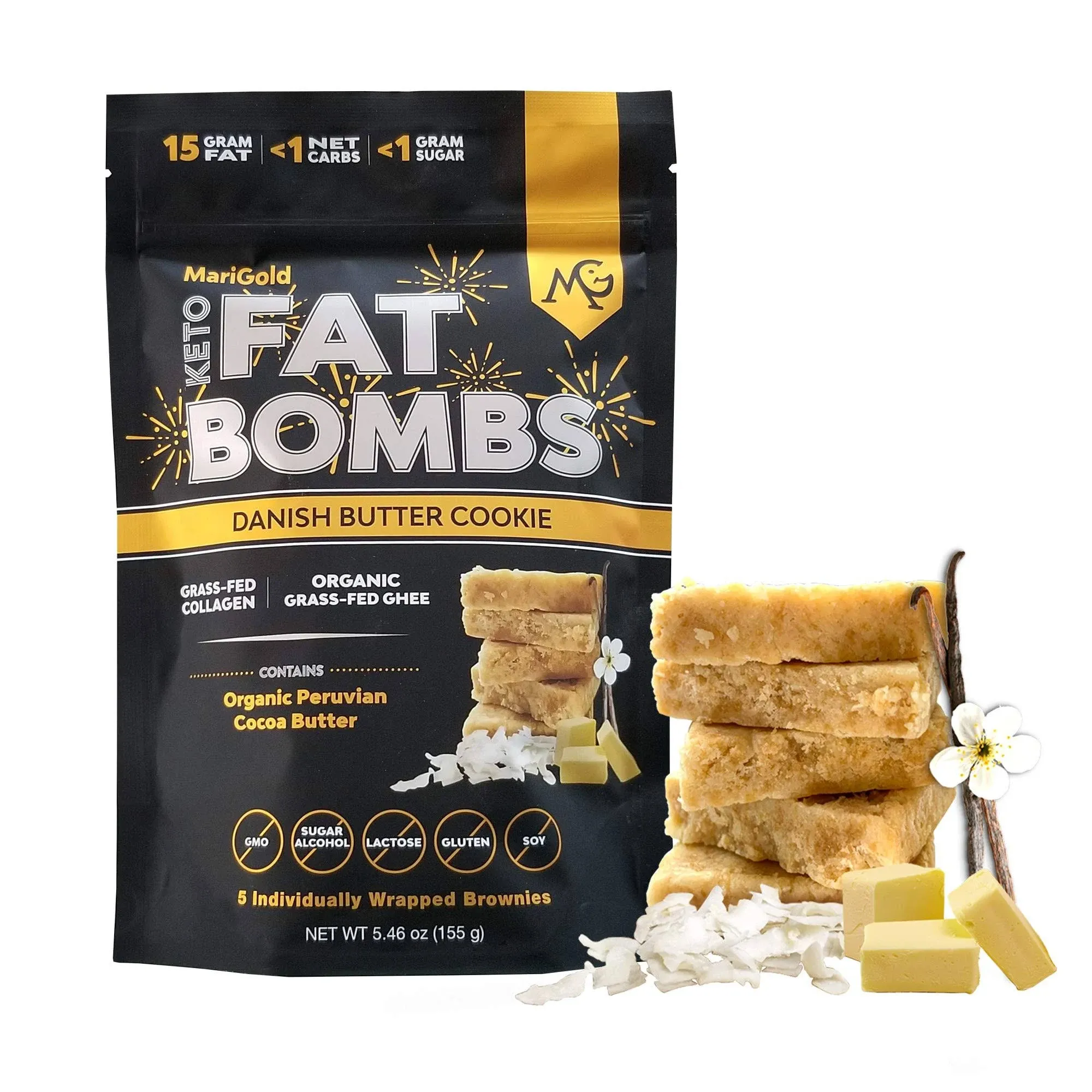 MariGold Keto Fat Bomb - Danish Butter Cookie - Keto-Friendly Snack, Collagen-Rich, High in Fat, Low Carb, Organic Grass-Fed Ghee, Coconut & Cocoa Butter, Non-GMO (1 bag, 5 Servings)