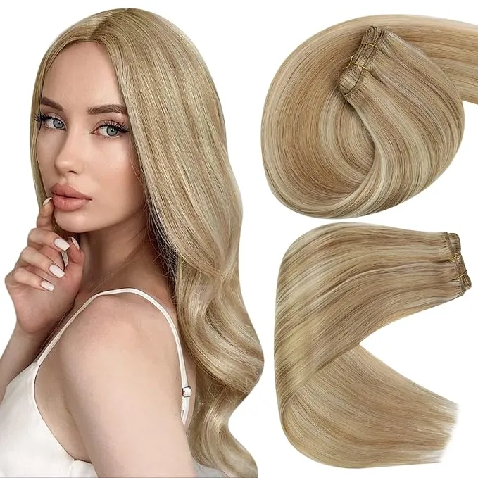 Sunny Blonde Fish Wire Hair Extensions Fishing Wire Hair Extensions #60 Platinum Blonde One Piece Human Hair Fish Line Extensions Headbands White Blonde Wire Hair Extensions 20inch 100g