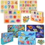 Wooden Toddler Puzzles (6-Pack) and Storage Rack, Peg Puzzles, Alphabet, Numbers, Shapes, Animals