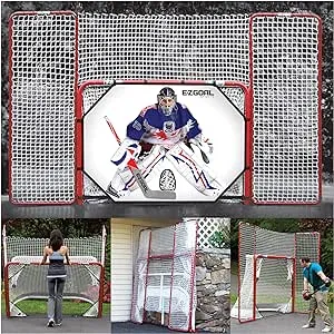 EZGoal 4' x 6' Hockey Folding Steel 2" Goal with 10' x 6' Backstop, 4 Targets Nets, a New Shooter Tutor and Wheels to Help Move The Goal, Red, (67099)