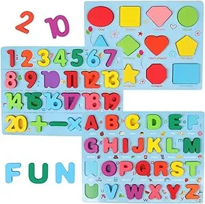 Gemem Alphabet and Number Puzzle Set Wooden Upper Case Letter Number and Shape ...