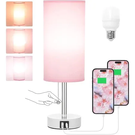 Hong-in Pink Lamp for Bedroom,Nightstand Lamp with 3 Color Modes-Small Bedside Lamp with USB-C+A Charging Ports, Pull Chain Bedroom Table Lamp for Bedroom, Office, Kids Room(Bulb Included)