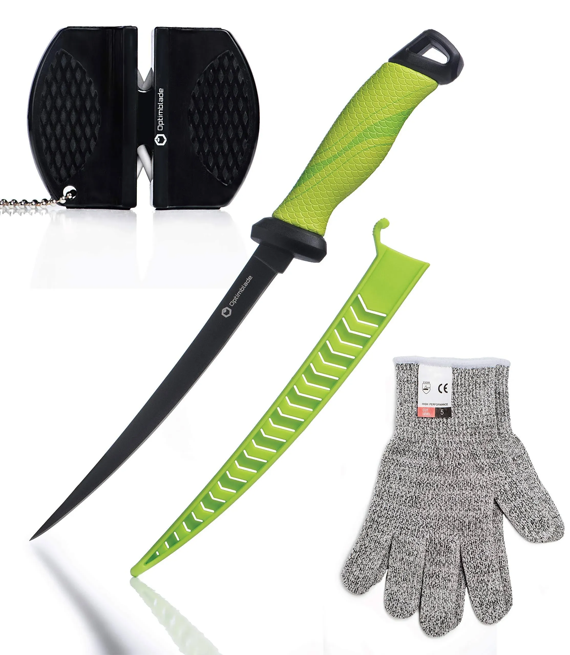 Optimblade Fillet Knife Set with Sharpener and Cut Resistant Gloves