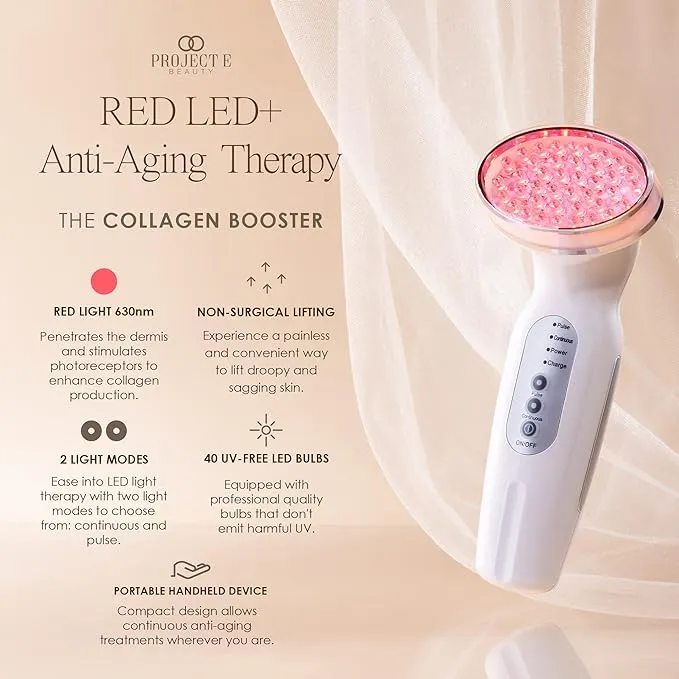 RED LED+ Anti-Aging Therapy by Project E Beauty | Collagen Boosting | Instant Firming and Lifting | Reduces Fine Lines & Wrinkles | Tightens & Tones | Rechargeable & Portable (Red LED Therapy)