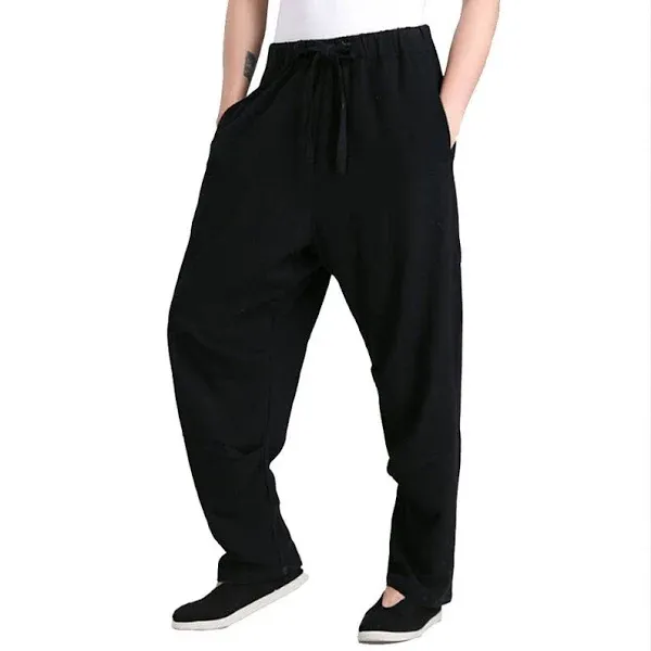 ZooBoo Men's Martial Arts Pants Kung Fu Linen Trousers Tang Suit Pants (XXL, Black)