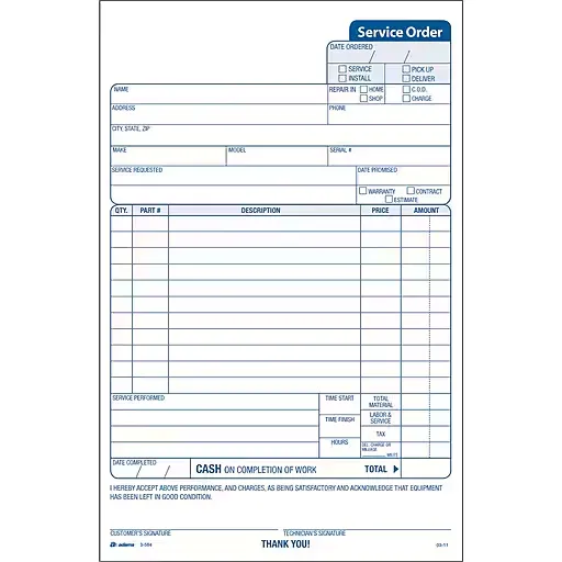 Adams 3-Part Carbonless Work Orders, 5-2/3" x 9", 250 Sets/Book (3-584)