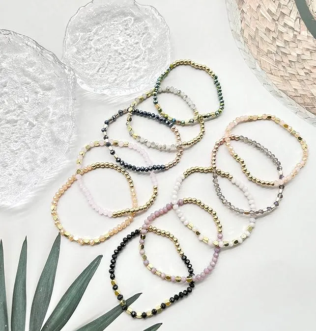 WAINIS 27-28Pcs Delicate Boho Beaded Bracelet Multi Layer Versatile Statement Bracelets Stackable stretch Cuff Sparkly Glass Crystal Beads bracelets