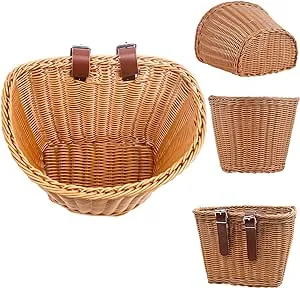 Bicycle Basket, Front Handlebar Bike Basket, Rattan Storage Basket Waterproof, Vintage Wicker, with Black Leather Straps, Black,10 * 7.5 * 7 inches