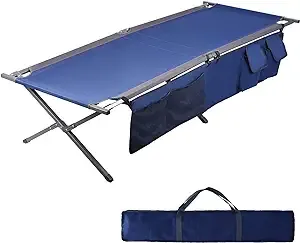 PORTAL Folding Portable Camping Cot, Guest Bed with Carry Bag and Side Storage Organizer, Camping Cots for Adults Sleeping, Away Tent Sleeping Cot Bed, Supports 300 LBS, Blue