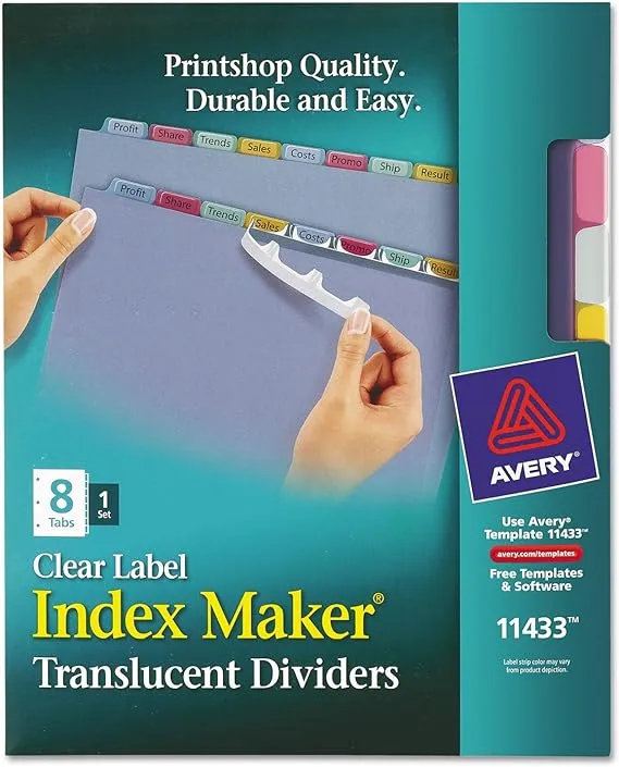 Avery Plastic 8-Tab Binder Dividers, Easy Print & Apply Clear Label Strip, Index Maker, Multicolor, 1 Set (11433)