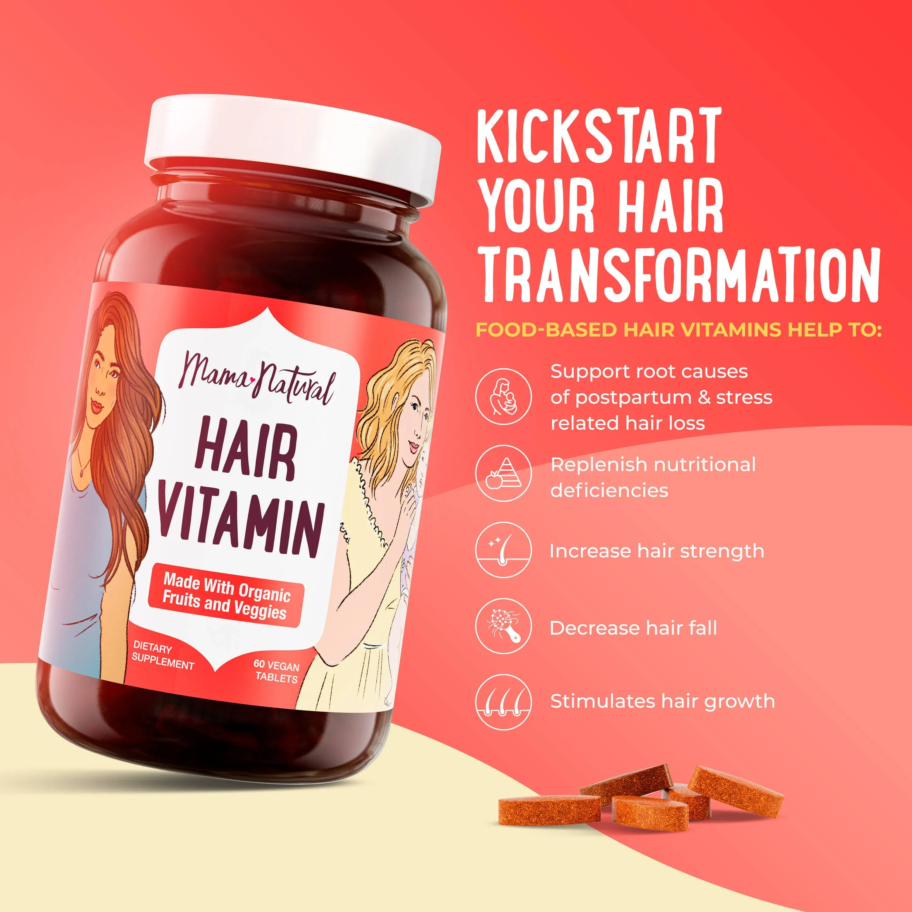 Mama Natural Hair Growth Vitamins - Made with Organic Fruit & Veg (30 Serves) - Ultra Clean, Vegan & Non-GMO Postpartum Hair Loss Vitamin - Natural Hair Growth Vitamins for Women Packaged in Glass