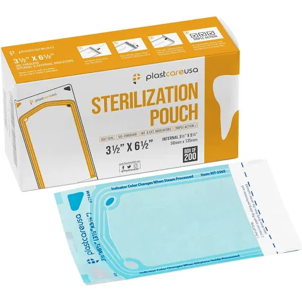 200 3.5 X 5.25 Self Sterilization Pouches for Dental Offices, Autoclave Sterilizer Bags Pouch for Dentist Tools, for Cleaning Tools, 200 Pouches Per Box, 1 Box of Paper Blue Film