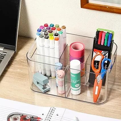 2 Pack, 5-Compartment Clear Plastic Bin - Divided Art Supplies, Cosmetic Makeup Caddy Organizer - Multiuse Storage Container for Vanity, Bathroom, Kitchen, Office, Craft, Shower, Cleaning Items