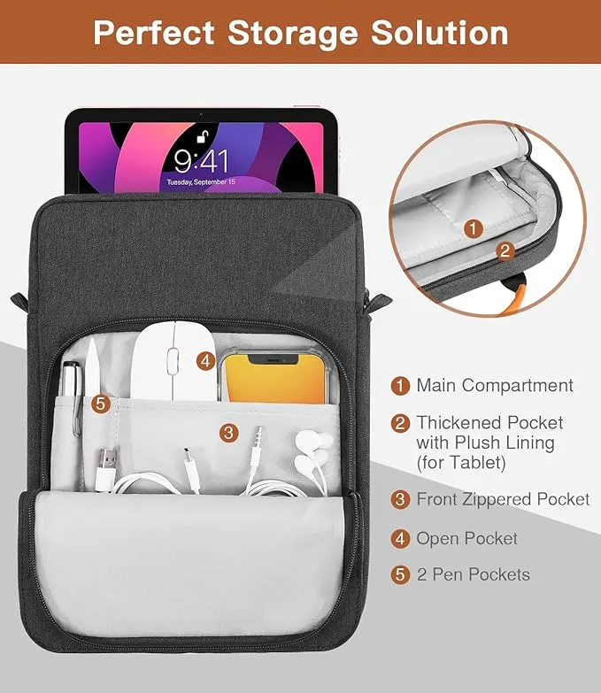 MoKo 12.9 Inch Tablet Sleeve Bag,Fits with 13 Inch New iPad Pro M4 & Air M2 2024,iPad Pro 12.9 M2&M1,Surface Laptop Go 12.4,Galaxy Tab S8+/S9+ 12.4,Handle Carrying Case with Shoulder Strap,Black &Gray