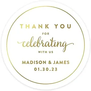 Andaz Press Personalized Round Circle Wedding Favor Gift Labels Stickers, Metallic Gold Ink, Thank You for Celebrating with US,