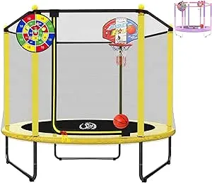 LANGXUN 60" Trampoline for Kids, 5ft Mini Toddler Indoor & Outdoor Trampoline with Net, Basketball Hoop & Dart Board, Birthday Gifts for Boys & Girls, Baby Toddler Christmas Toys