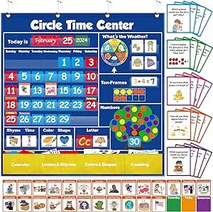 Circle Learning Time Center Pocket Chart Calendar Set, Educational Pocket Chart Learning Shape, Color Classroom Pocket Chart-Number Pocket Chart Wording Rhyme Pictures Pocket Chart