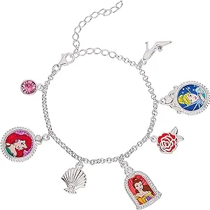 Disney Princess Sterling Silver Multi Crystal Charm Bracelet, 5 Inch + 2 Inch Extender