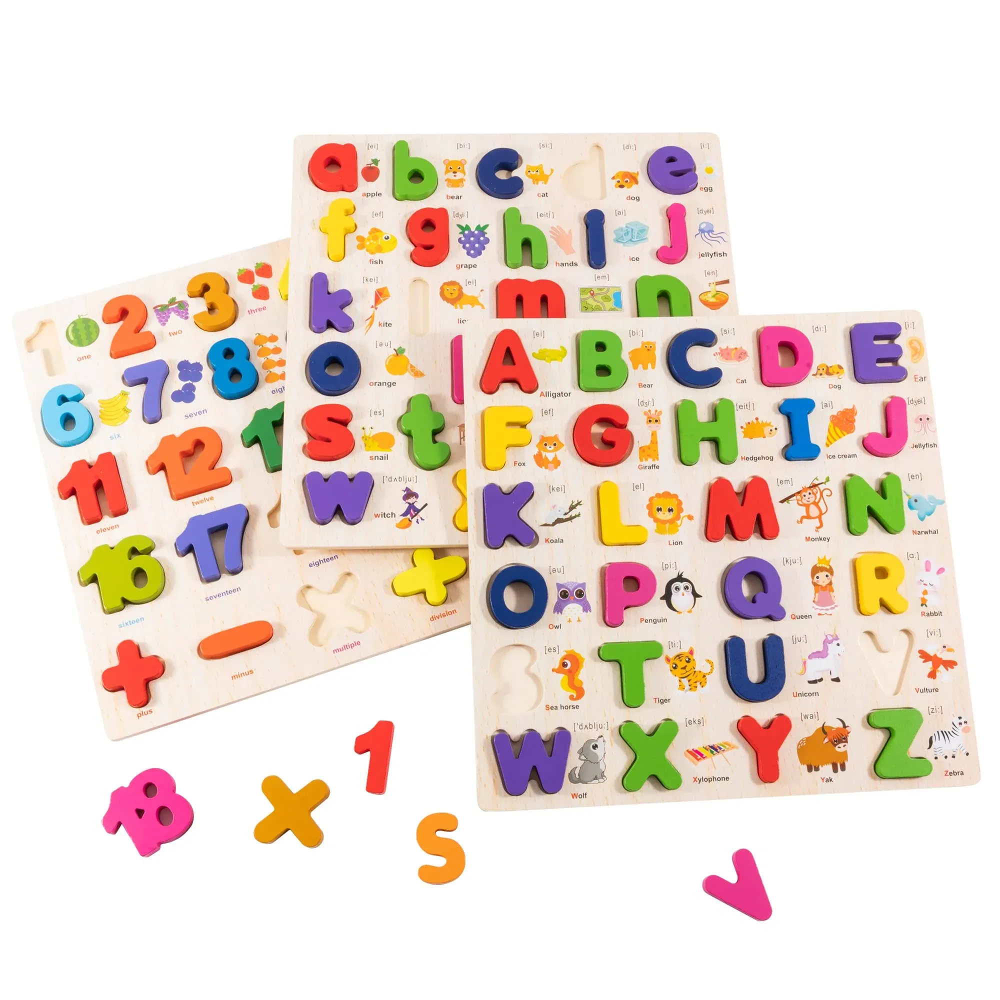 Wooden Alphabet Puzzle for Toddlers, 3 in 1 Lower Case Alphabet Letter Puzzles ABC Uppercase & Lowercase & Number Puzzle Set for Preschoolers Kids Ages 3-5 Alphabet Learning Educational Toy