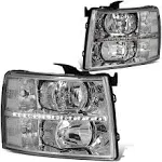 DNA Motoring Hl-led-csil07-ch-cl1 for 2007 to 2014 Chevy Silverado 1500 2500 3500 LED DRL Strip Headlight Chrome Housing Clear Corner Headlamp 08 09