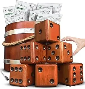 SWOOC Games - Yardzee, Farkle & 20+ Giant Dice Games (All Weather) Yard Dice with Wooden Bucket, 5 Scorecards & Marker - Jumbo Dice Yard Game - Extra Large Yard Games for Adults - Jumbo Lawn Games