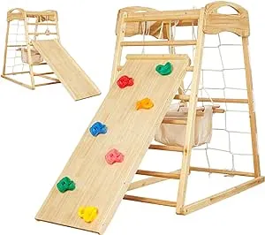 FUNLIO 8-in-1 Wood Indoor Playground for Kids 3-8 Years, Larger & Heavier Climbing Toys with Solid Pine, Indoor Gym for Kids with Swing/Slide/Climbing Rock/Net/2 Ladders/Monkey Bars/Gymnastic Rings