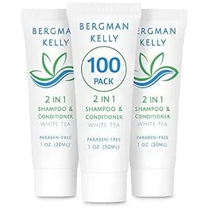 Bergman Kelly Travel Size Shampoo & Conditioner 2 in 1 (1 fl oz 100 PK White Tea) Delight Your Guests with Revitalizing and Refreshing Shampoo