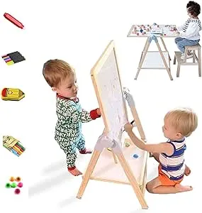 QZMTOY Kids Art Easel, Deluxe Standing Easel Set, Adjustable Art Table, Dry Erase Board&Chalkboard Double Sided Stand, 360°Rotating Drawing Easels with Art Supplies, Adjust Height 28-39in