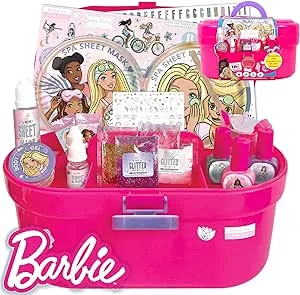 Barbie Cosmetic Case by Horizon Group USA, DIY Beauty Kit for an at-Home Spa Day, Create Your Own Face Sheet Masks, Nail Art & Body Glitter, Includes Reusable Storage Case with Removable Tray