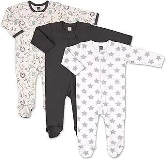 The Peanutshell Baby Sleeper Set for Baby Boys or Girls | 3 Pack in Safari, Stars & Black | Newborn to 9M Footed Pajamas