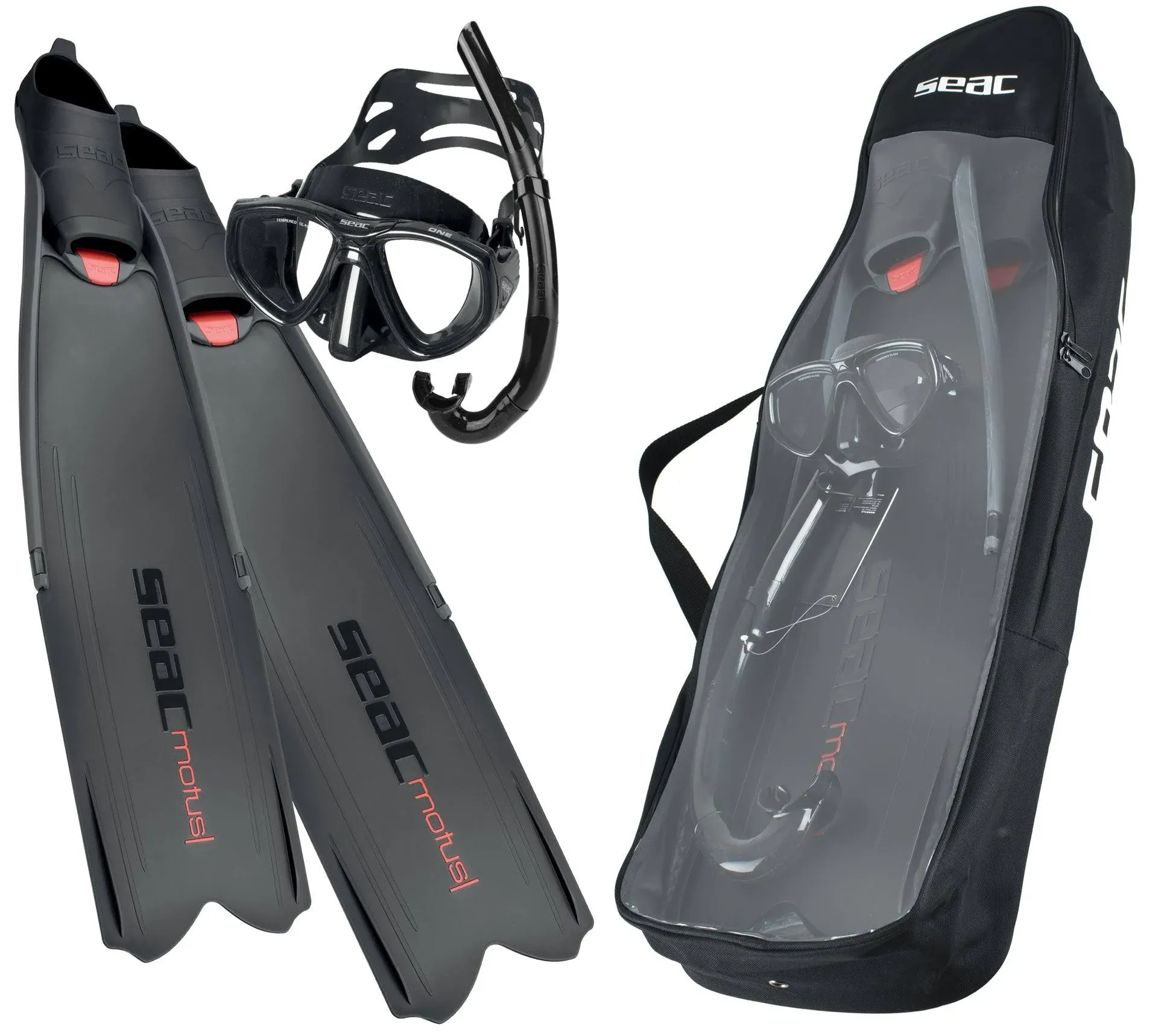 SEAC Motus Tris Freediving and Spearfishing Set - Motus Long Fins, One Diving Mask Jet Snorkel, Shoulder Bag Included