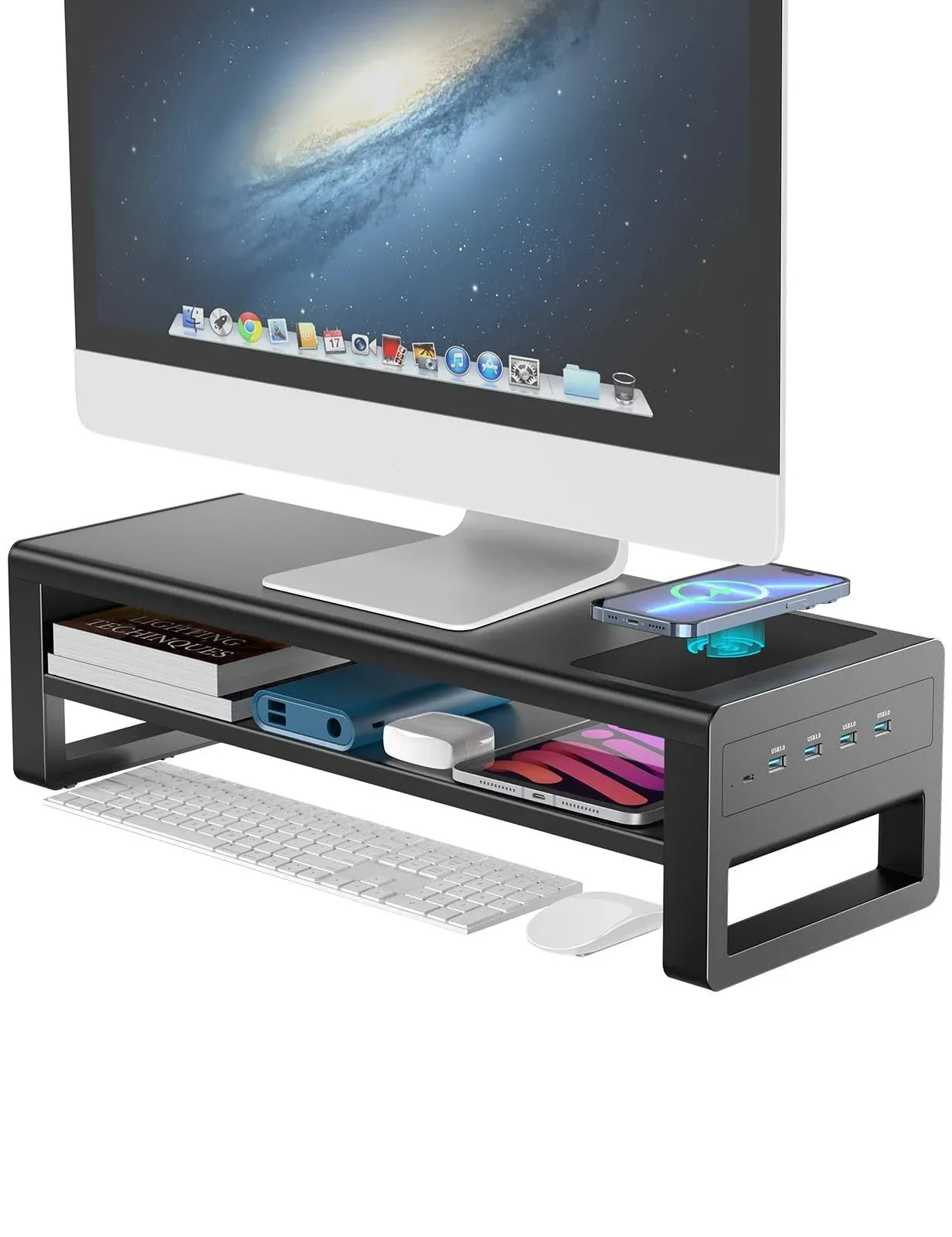 2 Tiers Monitor Stand with Auto Charging Pad, Monitor Riser with 4 USB 3.0 Hub Ports, Metal Desk Stand with Storage, Screen Raiser for Desktop Monitor/PC/Laptop/Computer Space Saver Organizer