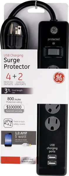 GE 4-Outlet Surge Protector, 2 USB Ports, 3 Ft Power Cord, 800 Joules, Twist to Lock Safety Covers, Automatic Shutdown Technology, Circuit Breaker, Warranty, UL Listed, Black, 33654