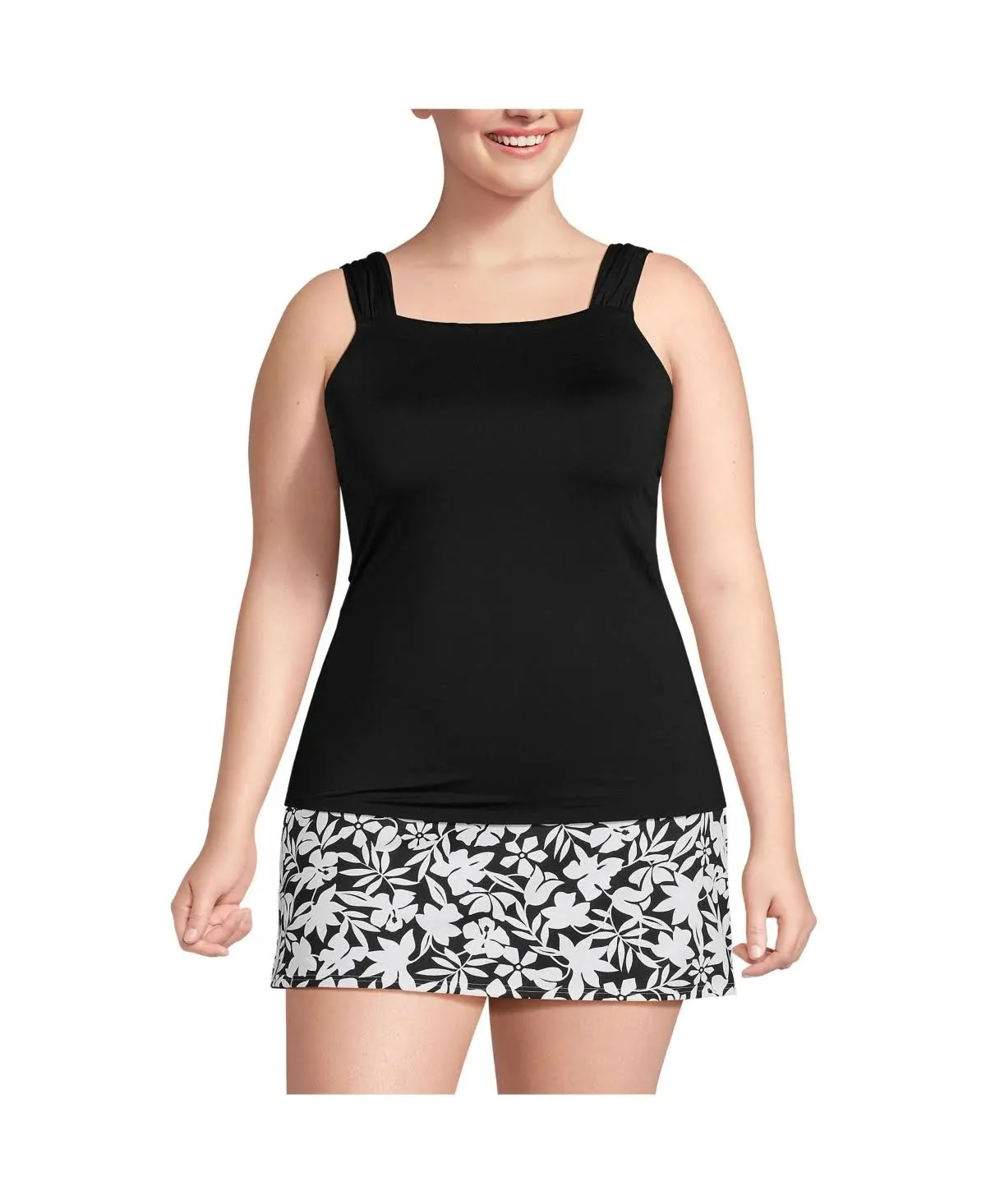 Lands' End Women's Plus Size Chlorine Resistant Cap Sleeve High Neck Tankini Swimsuit Top - 16W - Black