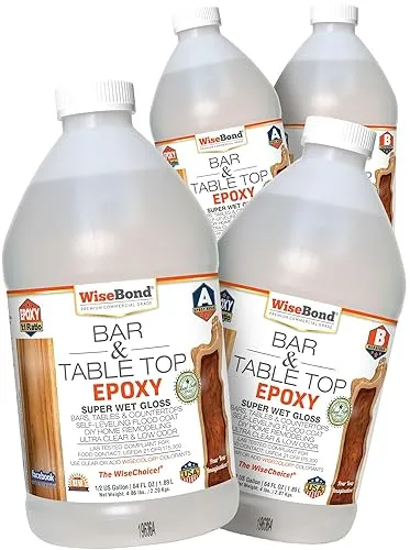 WiseBond Table Top Epoxy Resin 2 Gallon Kit, Food Safe Bubble Free, Anti-Yellow UV Resistant, Clear High Gloss, 2 Part 1:1 Mix Ratio, DIY Bar Tops, Co