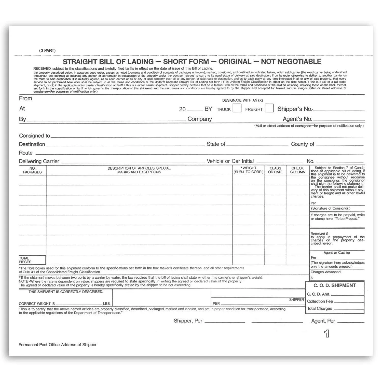 Short Form Straight Bill of Lading, 8-1/2 x 7&#034; 3 Part White/Canary/P<wbr/>ink, 10 Pack