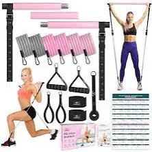 Pilates Bar Kit with Resistance Bands - Full Body Training Yoga Pilates Bar PINK