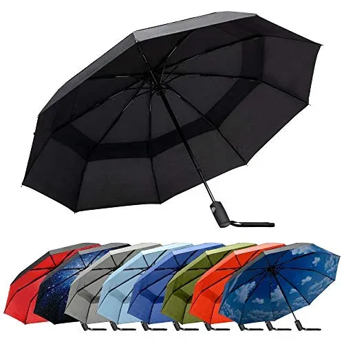 RainPlus Umbrella RainPlus Black Windproof Travel Umbrella Compact, automatic, Folding and Portable Double Vented Canopy Sun and Wind Resistant, Adult