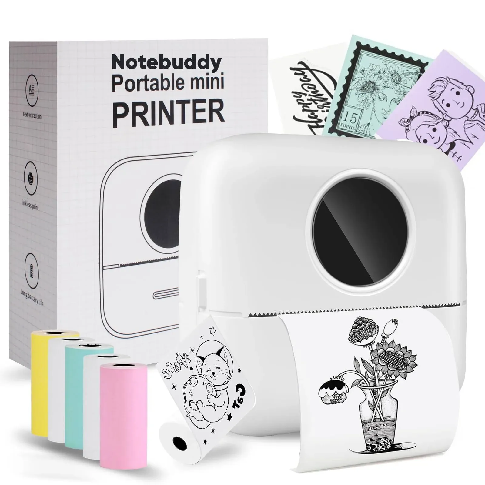 BRONA Notebuddy Mini Portable Printer, Bluetooth Smart Pocket Inkless Thermal Printer with 5 Roll Papers for Journal/DIY Scrapbook/Travel/Notes/Lists/Label/Memo, Receipt Printer for iOS&Android