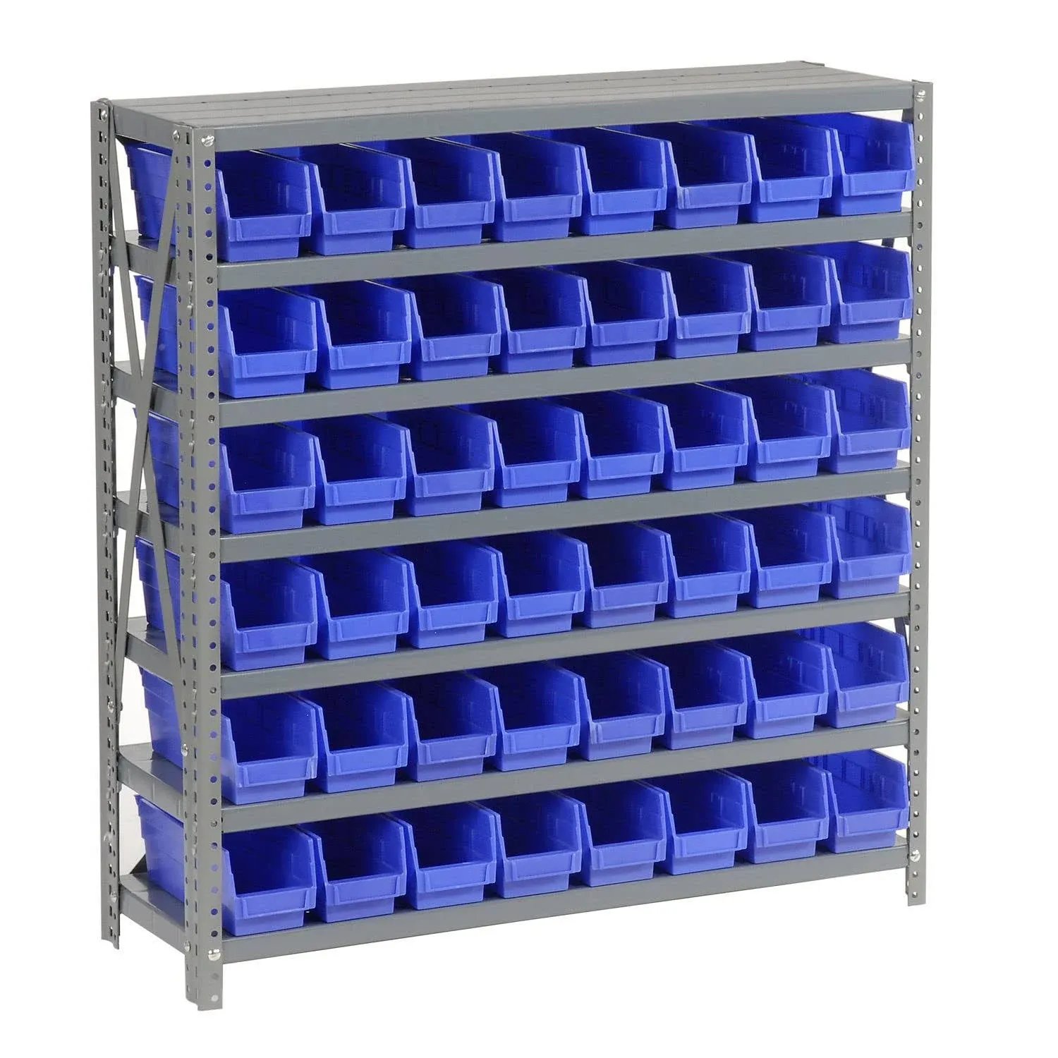 Global Industrial - 603430BL - 7 Shelf Steel Shelving with (48) 4H Plastic Shelf Bins, Blue, 36x12x39, Lot of