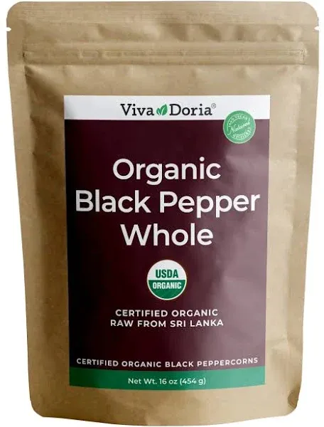 Viva Doria Organic Ceylon Whole Black Pepper, Black Peppercorns, 16 oz (1 lb) For Grinder Refills