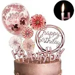 MOVINPE Rose Gold Cake Topper Decoration with Happy Birthday Candles Happy Birthday Banner Confetti Balloon Paper Fans for Rose Gold Theme Party